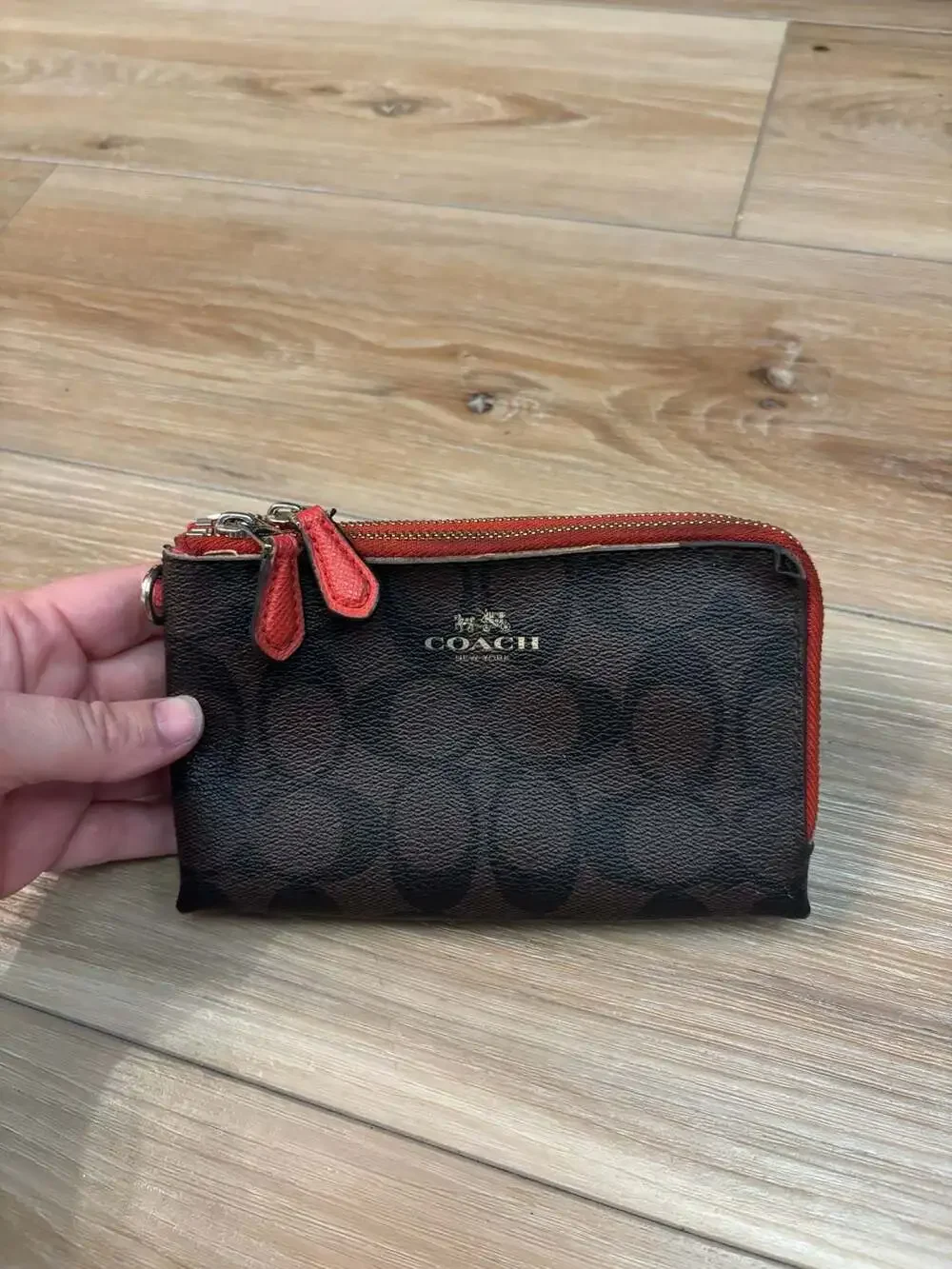 Coach Double Corner Zip Wristlet Wallet in Signature Canvas Brown and Red Trim
